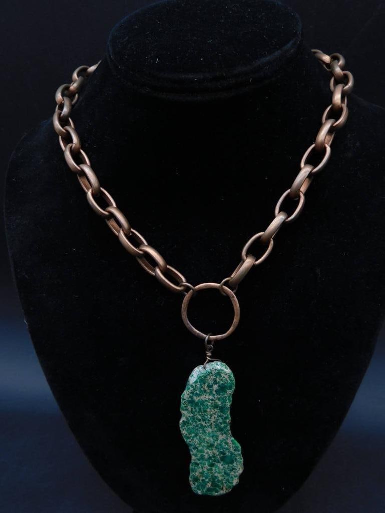 Handcrafted Necklace With Green Pendant: Carved Rose Quartz Figurine With Smooth Finish Rock Stone Lapidary Specimen ? Authentic estate find offered in our online auction. Perfect for collectors, resellers, and enthusiasts of vintage,