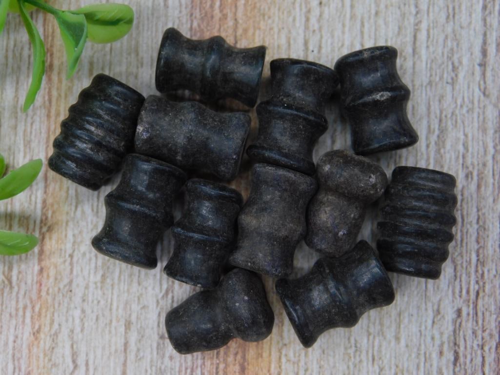 Collection of 12 Small Black Carved Beads: Garnet Rock Stone Lapidary Specimen ? Authentic estate find offered in our online auction. Perfect for collectors, resellers, and enthusiasts of vintage, antiques, minerals, rocks, crystals, jewelry, 