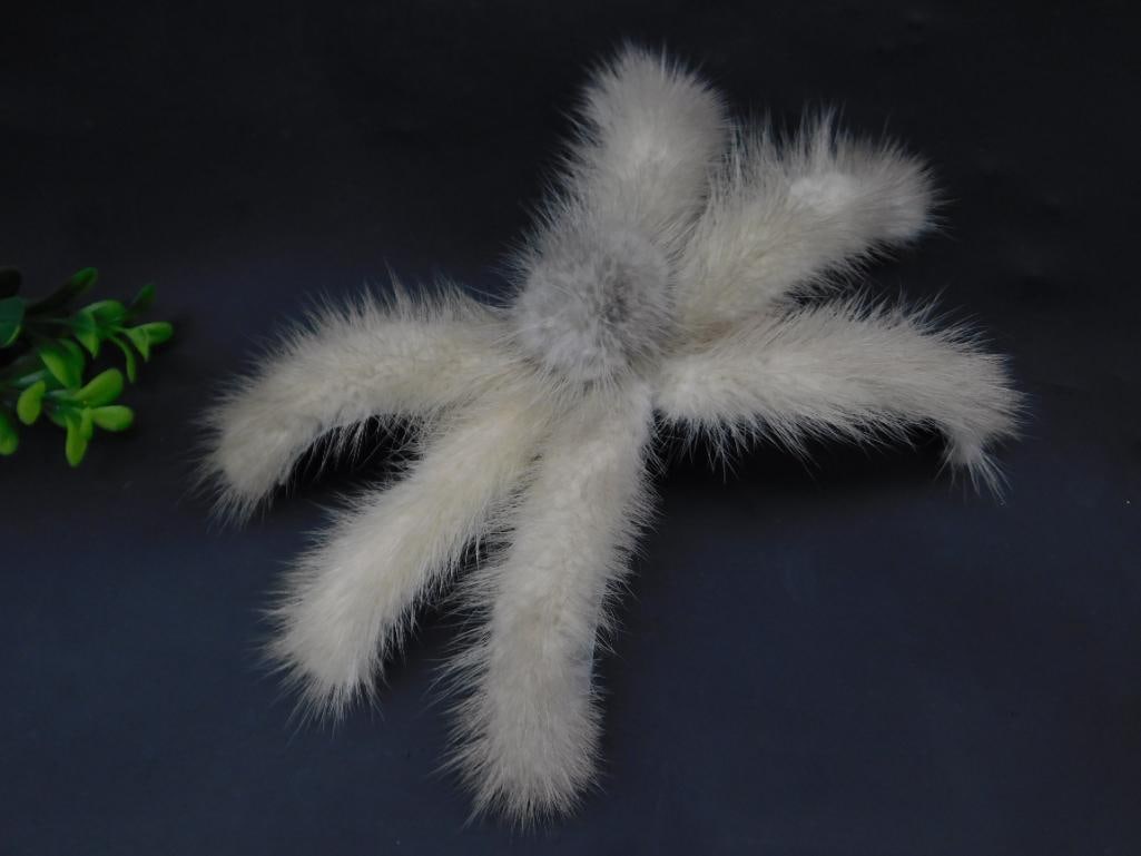 Faux Fur Hat Facinator: - Faux fur, octopus-shaped decoration with long, fluffy tentacles. | - Made with soft synthetic material on the front and backing material towards the underside. | - Features a metal fixture for