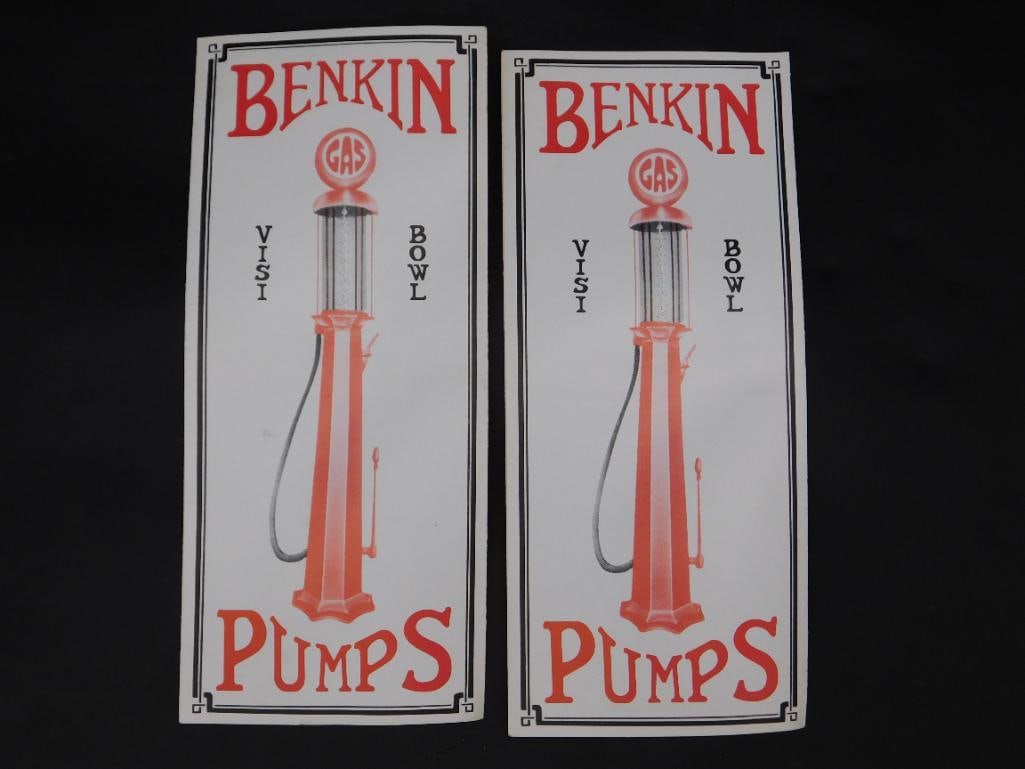 Benkin Pumps Advertising Materials with Gas Pump Design: - Lot of Benkin Pumps advertising materials featuring retro-style gas pump illustrations. | - Includes two identical printed visuals showcasing the text 'Benkin Pumps' and 'Visi Bowl.' | - Also