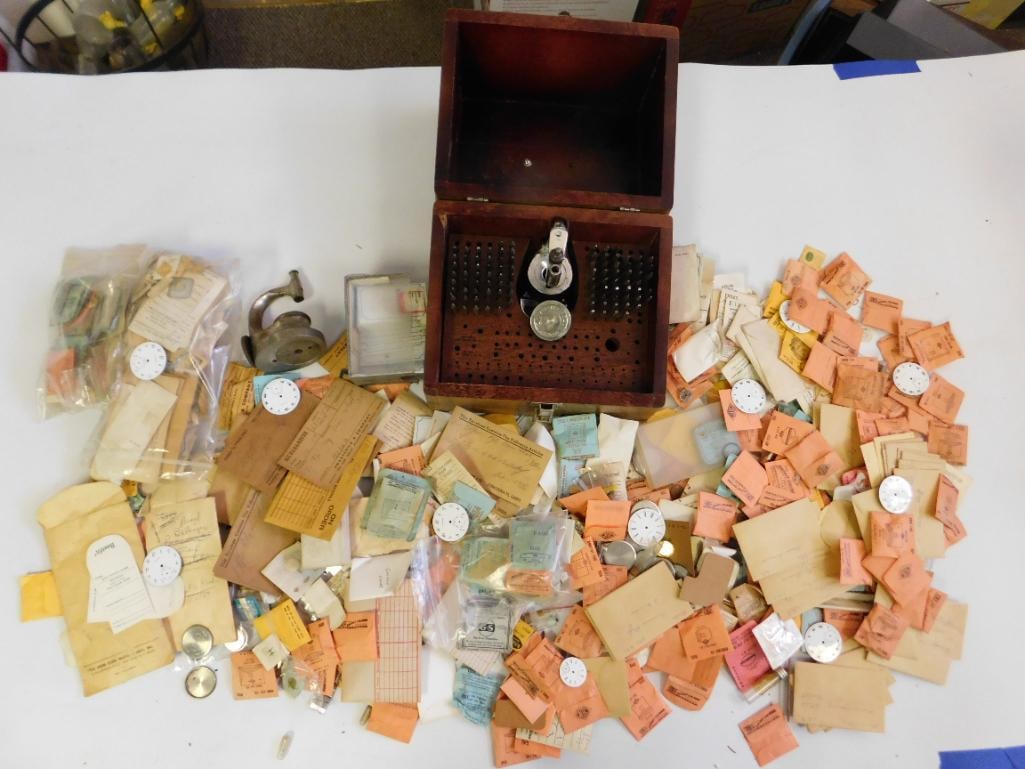 Estate Watchmaker Hoard 1000+ Pc Bulk Lot Vintage Watchmaking Tools, Parts & Repair Components: This massive Estate Watchmaker Hoard contains over 1,000 pieces of vintage watchmaking tools, parts, and micro-components accumulated over a lifetime on the bench. The lot includes crowns, gears,