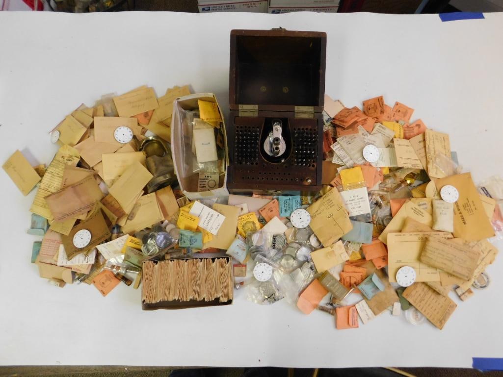 Estate Watchmaker Hoard 1000+ Pc Bulk Lot Vintage Watchmaking Tools, Parts & Repair Components: This massive Estate Watchmaker Hoard contains over 1,000 pieces of vintage watchmaking tools, parts, and micro-components accumulated over a lifetime on the bench. The lot includes crowns, gears,