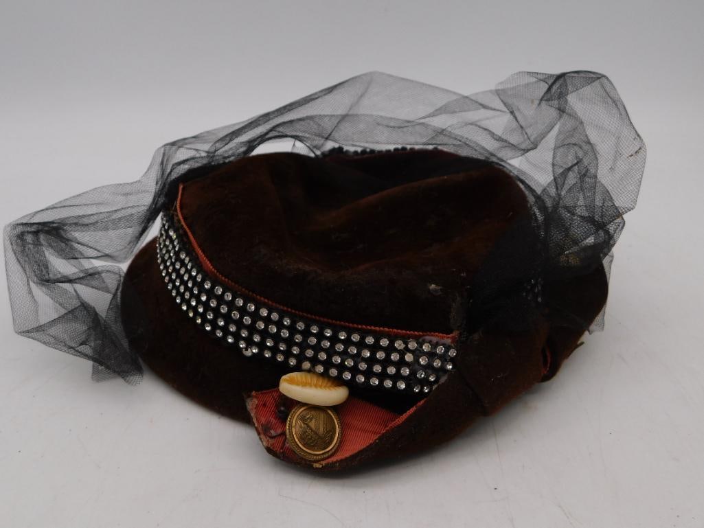 C LANDSCO BLACK VELOUR TILT HAT WITH NETTING, RHINESTONES, AND BUTTONS: C LANDSCO BLACK VELOUR TILT HAT WITH NETTING, RHINESTONES, AND BUTTONS