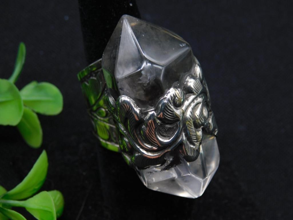 LARGE QUARTZ POINT ADJUSTABLE STATEMENT RING WITH INTRICATE TOOLING: LARGE QUARTZ POINT ADJUSTABLE STATEMENT RING WITH INTRICATE TOOLING