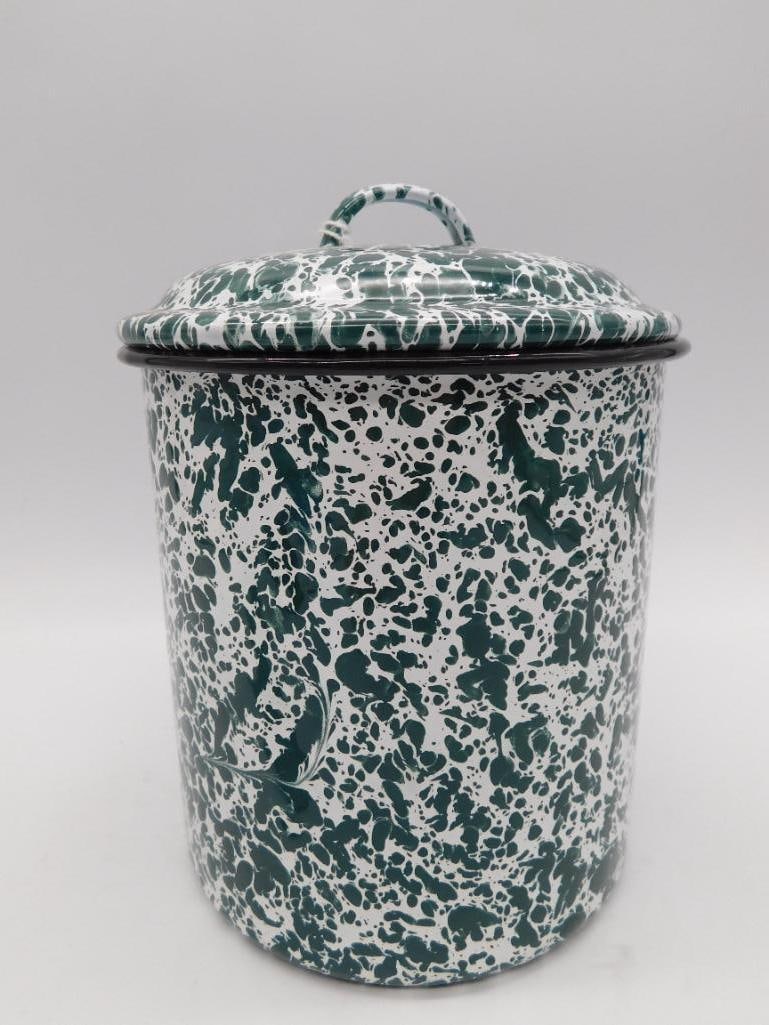 SPECKLED ENAMELWARE CANNISTER SPLATTERWARE: SPECKLED ENAMELWARE CANNISTER SPLATTERWARE