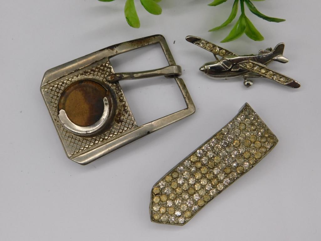 Vintage Men?s Accessories: Belt Buckle, Airplane Pin, and Tie Clip (1 of 2)