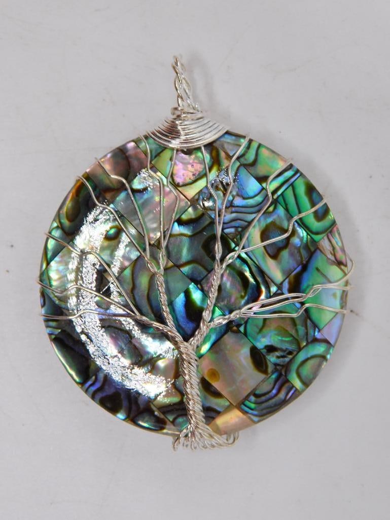 ABALONE STONE WIRE TREE PENDANT ROCK STONE LAPIDARY SPECIMEN: ABALONE STONE WIRE TREE PENDANT ROCK STONE LAPIDARY SPECIMEN