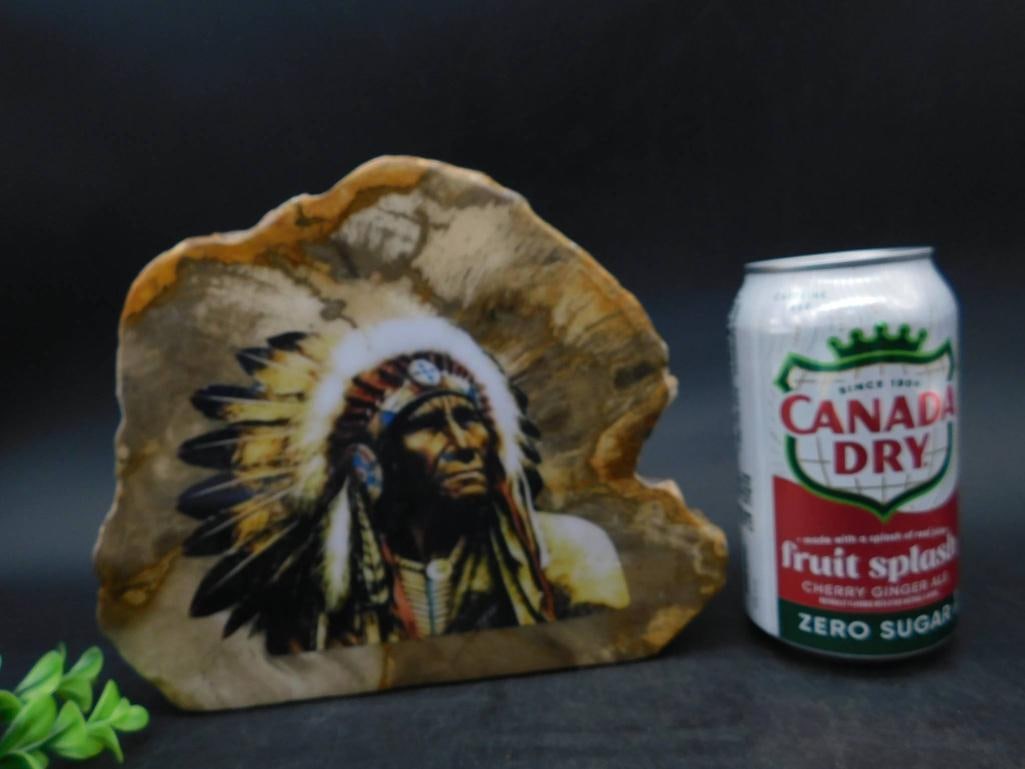 Decorative PETRIFIED WOOD SLAB With Native American Chief Image: Decorative PETRIFIED WOOD SLAB With Native American Chief Image