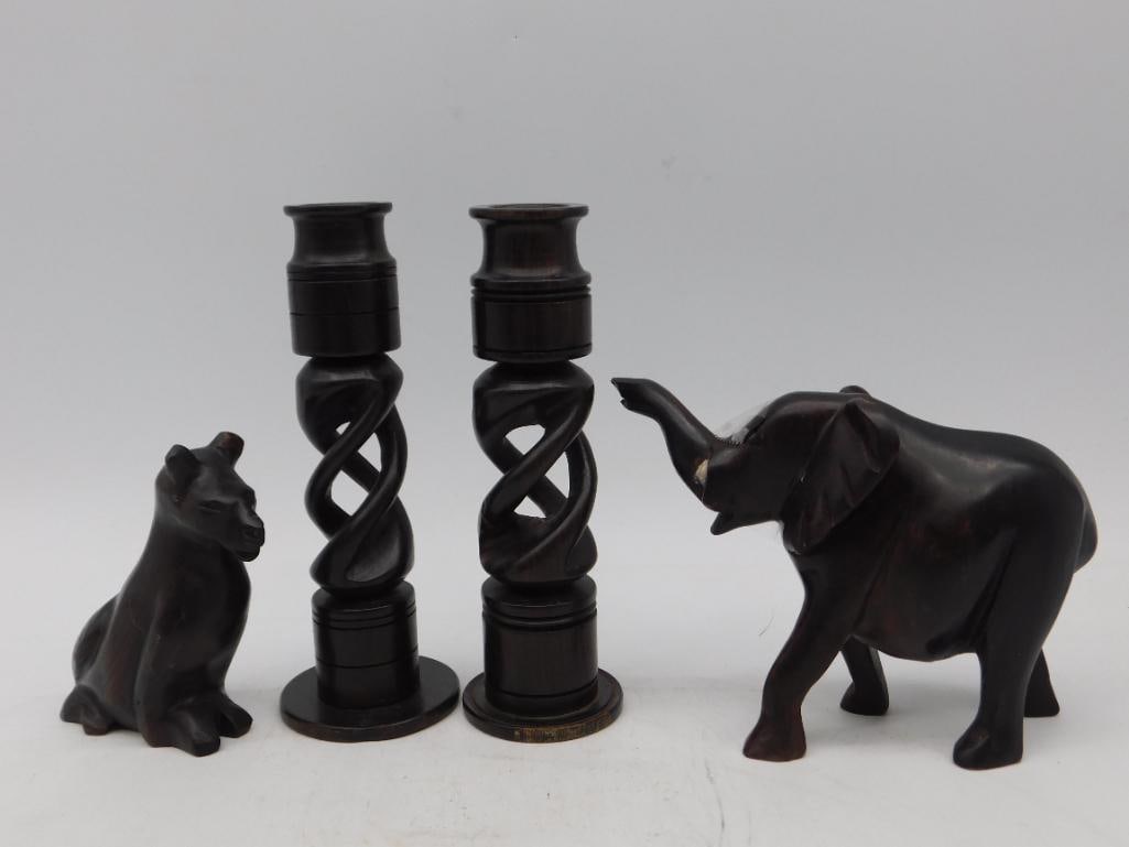Carved Wooden Safari Lioness Elephant and Candlesticks: Carved Wooden Safari Lioness Elephant and Candlesticks