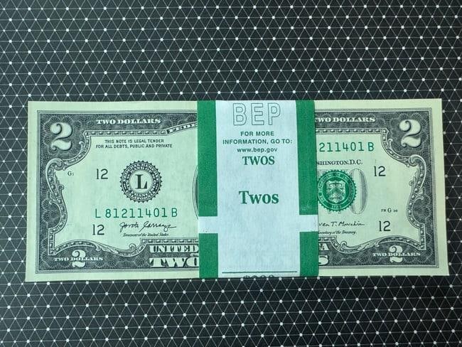 RARE Sequential $2 Bills 2017A UNCIRCULATED - 100 OF 1000 IN ORDER!: Serial number 81211201-81211300 - Exceptional and investment-grade group of United States $2 Federal Reserve Notes, presented in mint condition, uncirculated, and bank-banded form. This is Lot #1 of a