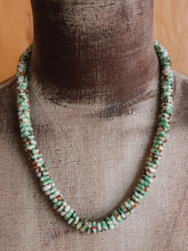 WHITE BROWN GREEN AND BLUE AFRICAN TRADE BEAD NECKLACE: WHITE BROWN GREEN AND BLUE AFRICAN TRADE BEAD NECKLACE — Part of our Discover Hidden Harbor, Crystals and Gems auction at HATMAN'S Auctions! Please see photos for measurements and condition. YES, we