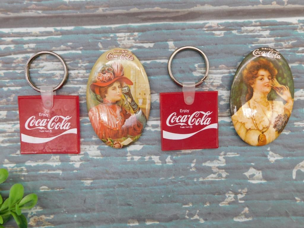 COCA-COLA ADVERTISING POCKET MIRRORS AND KEY CHAINS: COCA-COLA ADVERTISING POCKET MIRRORS AND KEY CHAINS - Part of our Discover Golden Attic, Crystals and Gems auction at HATMAN'S Auctions! Please see photos for measurements and condition. YES, we have