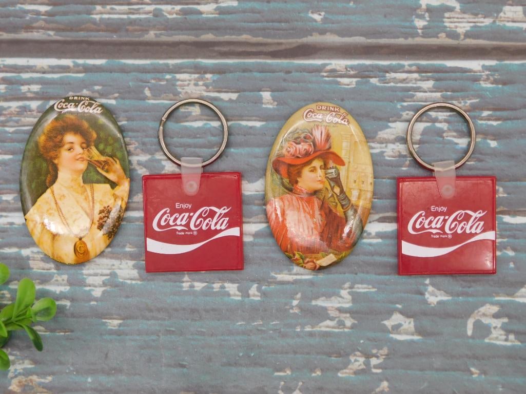 COCA-COLA ADVERTISING POCKET MIRRORS AND KEY CHAINS: COCA-COLA ADVERTISING POCKET MIRRORS AND KEY CHAINS - Part of our Discover Golden Attic, Crystals and Gems auction at HATMAN'S Auctions! Please see photos for measurements and condition. YES, we have