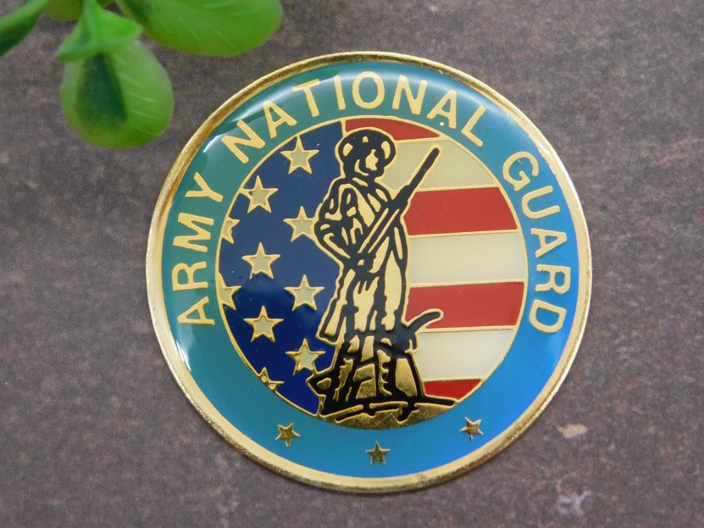 NATIONAL GUARD CABOCHON MEDALLION: NATIONAL GUARD CABOCHON MEDALLION. Unique military collectible featuring a polished cabochon stone. Great for lapidary and military memorabilia collectors. Please see photos for measurements and
