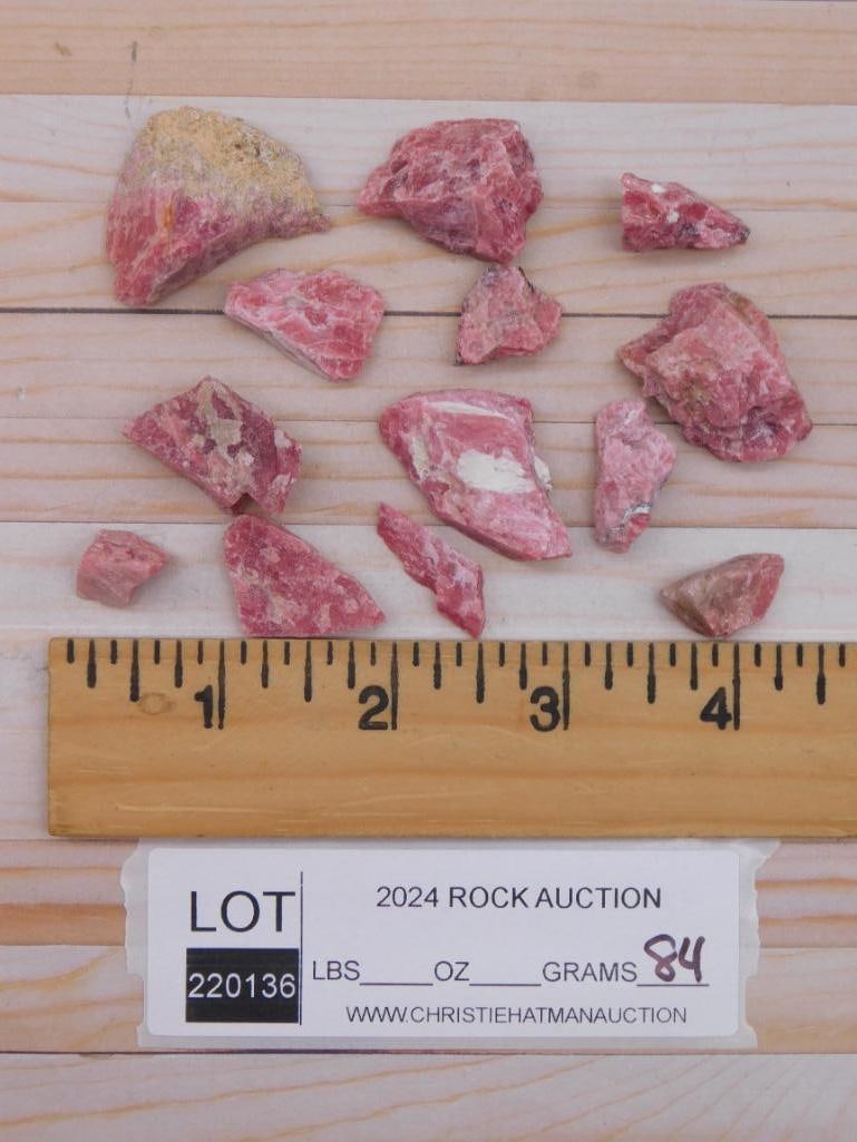GEM RHODONITE ROCK STONE LAPIDARY SPECIMEN: GEM RHODONITE ROCK STONE LAPIDARY SPECIMEN - Part of our Discover Golden Attic, Crystals and Gems auction at HATMAN'S Auctions! Please see photos for measurements and condition. YES, we have in-house 