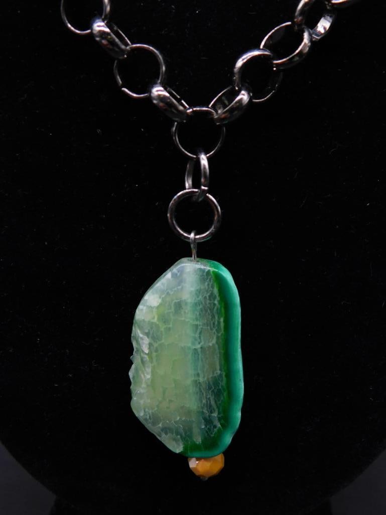GREEN FIRE AGATE PENDANT ON CHAIN NECKLACE ROCK STONE LAPIDARY SPECIMEN: GREEN FIRE AGATE PENDANT ON CHAIN NECKLACE ROCK STONE LAPIDARY SPECIMEN - Part of our Discover Golden Attic, Crystals and Gems auction at HATMAN'S Auctions! Please see photos for measurements and