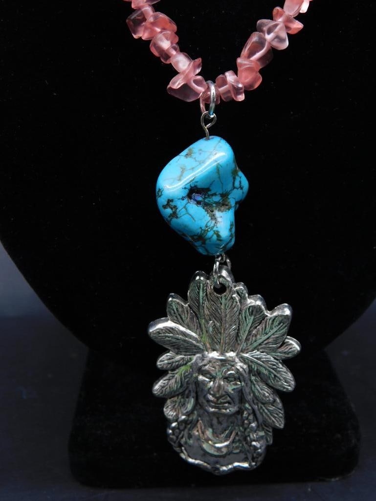 CHIEF PENDANT WITH TURQUOISE ACCENT ON ROSE QUARTZ CHIP NECKLACE: CHIEF PENDANT WITH TURQUOISE ACCENT ON ROSE QUARTZ CHIP NECKLACE - Part of our Discover Midnight Market, Crystals and Gems auction at HATMAN'S Auctions! Please see photos for measurements and