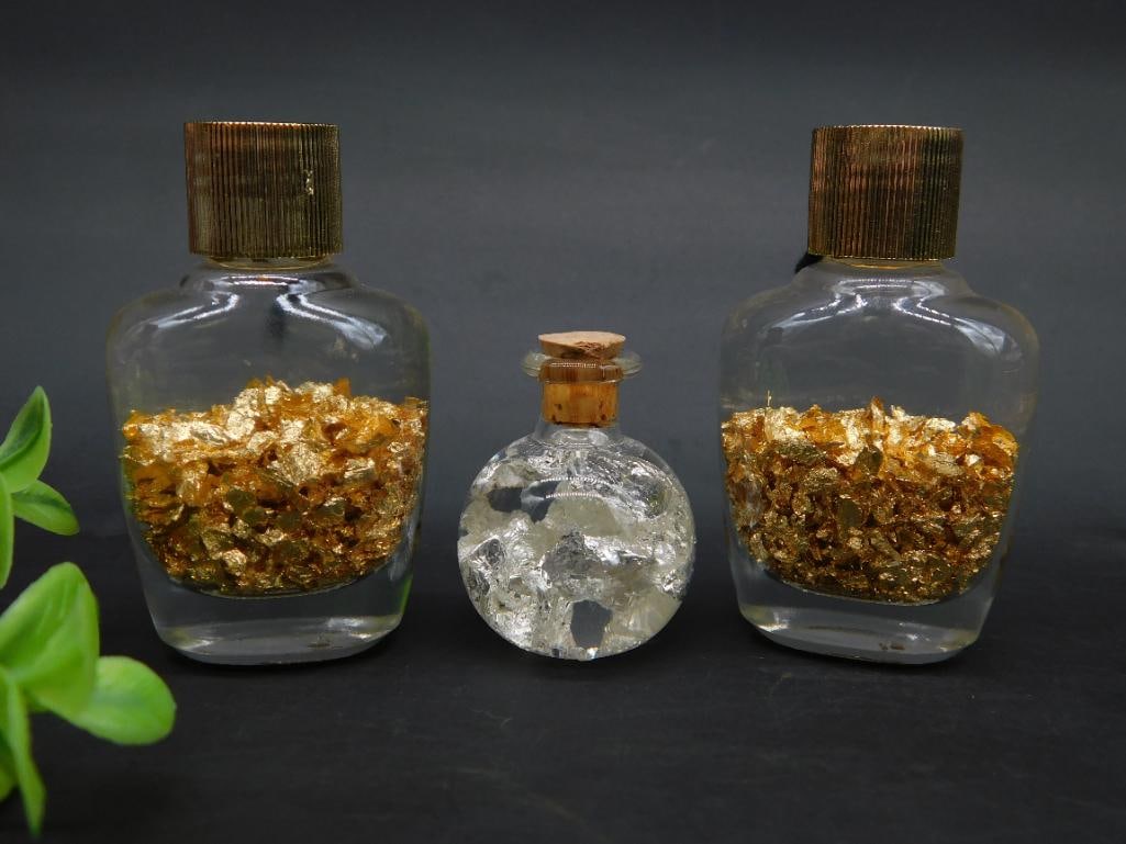 SILVER AND GOLD FLAKES IN BOTTLES ROCK STONE LAPIDARY SPECIMEN: SILVER AND GOLD FLAKES IN BOTTLES ROCK STONE LAPIDARY SPECIMEN - Part of our Discover Midnight Market, Crystals and Gems auction at HATMAN'S Auctions! Please see photos for measurements and