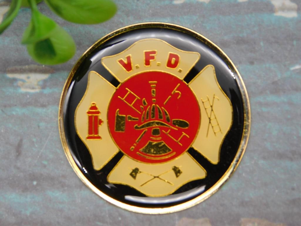 FIRE DEPARTMENT CABOCHON MEDALLION: FIRE DEPARTMENT CABOCHON MEDALLION - Part of our Discover Midnight Market, Crystals and Gems auction at HATMAN'S Auctions! Please see photos for measurements and condition. YES, we have in-house