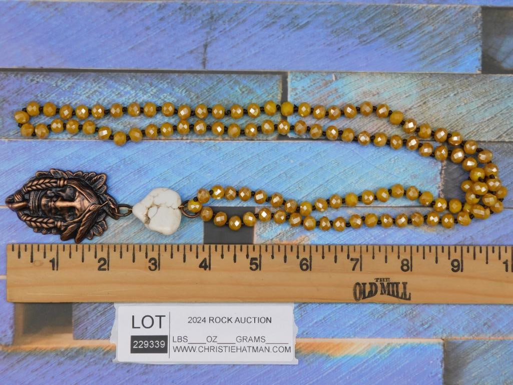CHIEF PENDANT ON SPARKLE BEAD NECKLACE ROCK STONE LAPIDARY SPECIMEN: CHIEF PENDANT ON SPARKLE BEAD NECKLACE ROCK STONE LAPIDARY SPECIMEN - Part of our Discover Midnight Market, Crystals and Gems auction at HATMAN'S Auctions! Please see photos for measurements and
