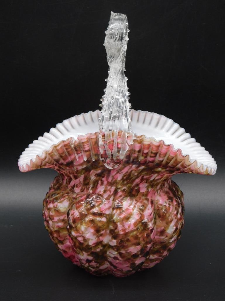 CONFETTI GLASS BASKET WITH TWISTED HANDLE VINTAGE ANTIQUE: CONFETTI GLASS BASKET WITH TWISTED HANDLE VINTAGE ANTIQUE - Part of our Discover Midnight Market, Crystals and Gems auction at HATMAN'S Auctions! Please see photos for measurements and condition.
