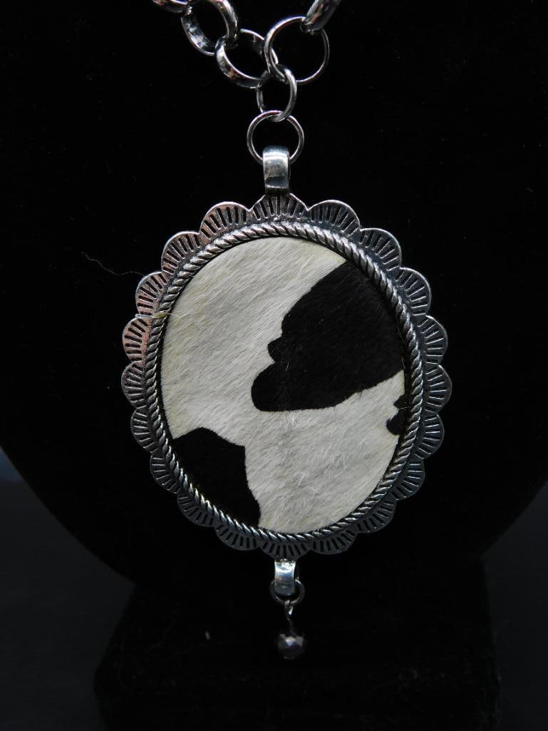 COW HIDE PENDANT ON CHAIN NECKLACE: COW HIDE PENDANT ON CHAIN NECKLACE