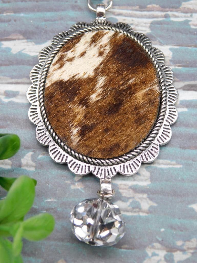 COW HIDE PENDANT ON CHAIN NECKLACE: COW HIDE PENDANT ON CHAIN NECKLACE