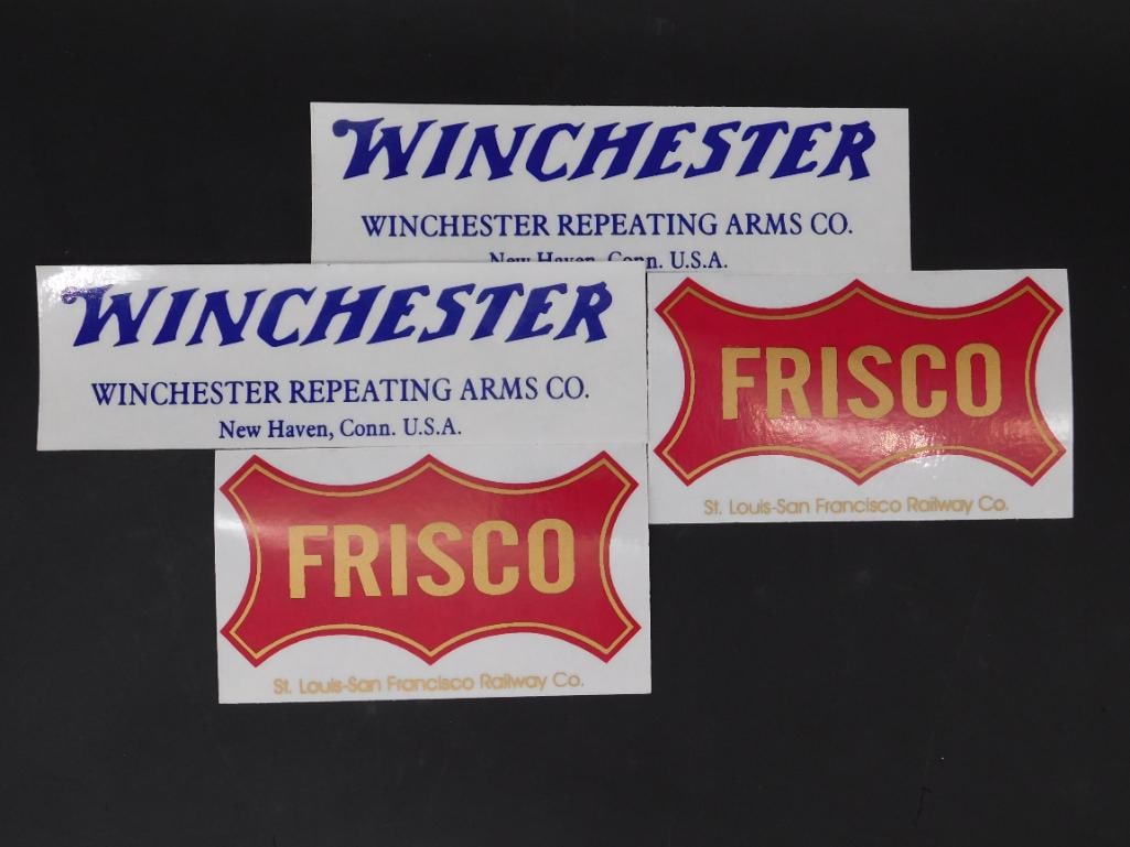 WINCHESTER AND FRISCO ADVRTISING STICKERS VINTAGE ANTIQUE: WINCHESTER AND FRISCO ADVRTISING STICKERS VINTAGE ANTIQUE