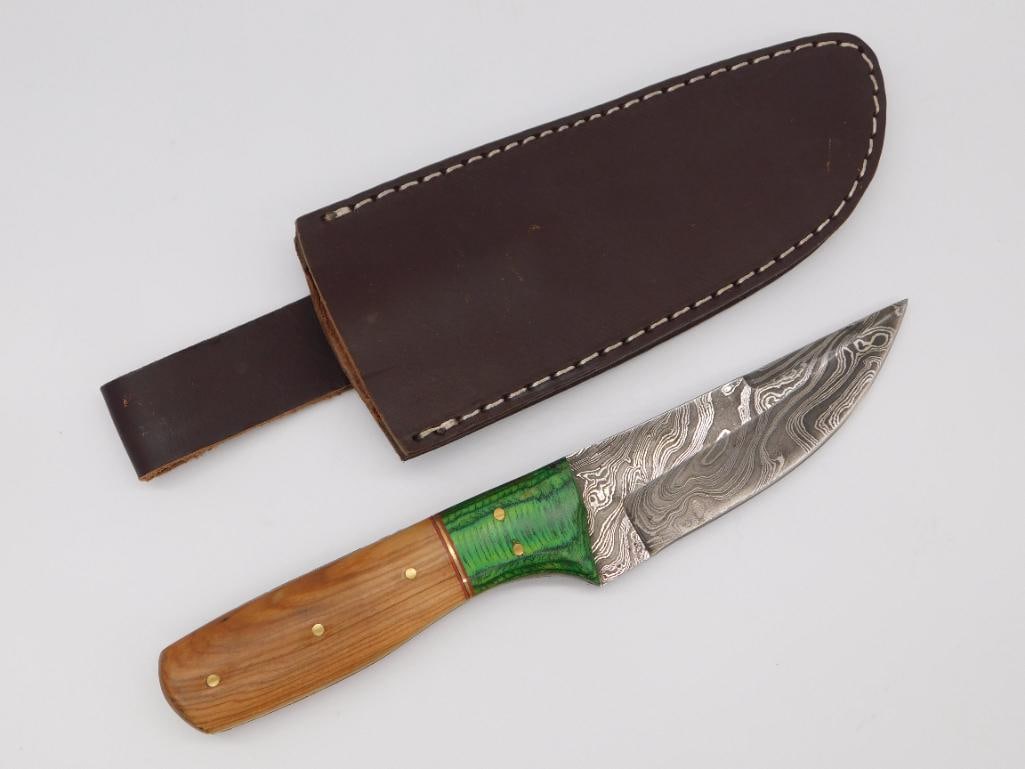 DAMASCUS STEEL KNIFE WITH LEATHER SHEATH VINTAGE TOOL (1 of 4)
