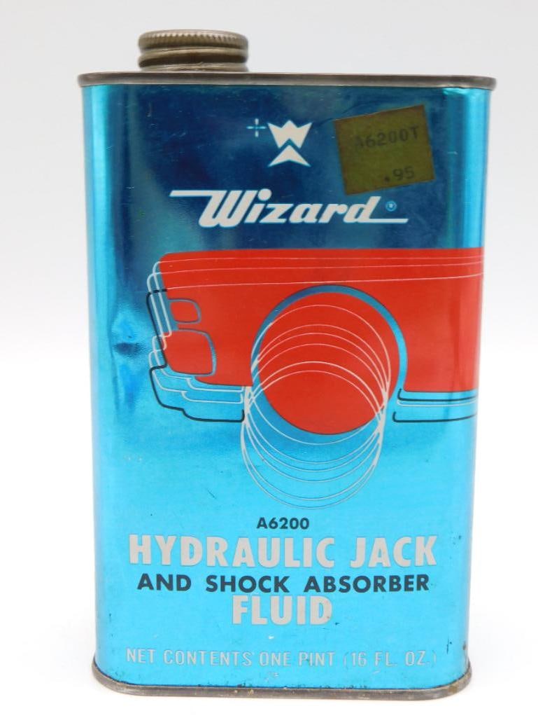 VINTAGE WIZARD BRAND TIN FOR HYDRAULIC JACK AND SHOCK ABSORBER FLUID ANTIQUE AUTOMOBILIA: VINTAGE WIZARD BRAND TIN FOR HYDRAULIC JACK AND SHOCK ABSORBER FLUID ANTIQUE AUTOMOBILIA