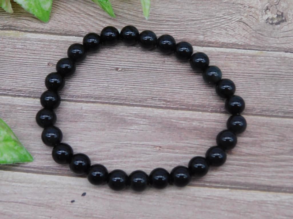Black Beaded Stretch Bracelet with Round Beads: Black Beaded Stretch Bracelet with Round Beads