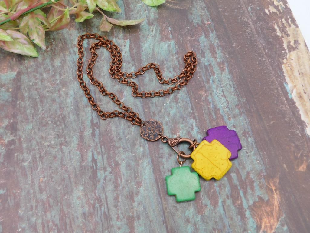 Copper Chain Necklace with Multicolored Cross Pendants: Copper Chain Necklace with Multicolored Cross Pendants