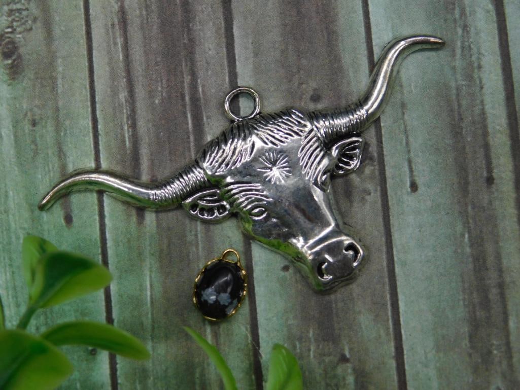 Silver Longhorn Bull Pendant with Black Stone Accent: Silver Longhorn Bull Pendant with Black Stone Accent
