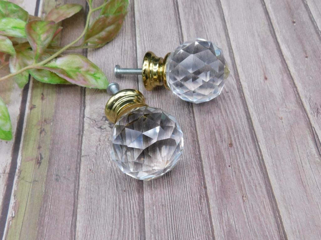 Pair of Faceted Clear Glass Door Knobs with Brass Bases (1 of 2)