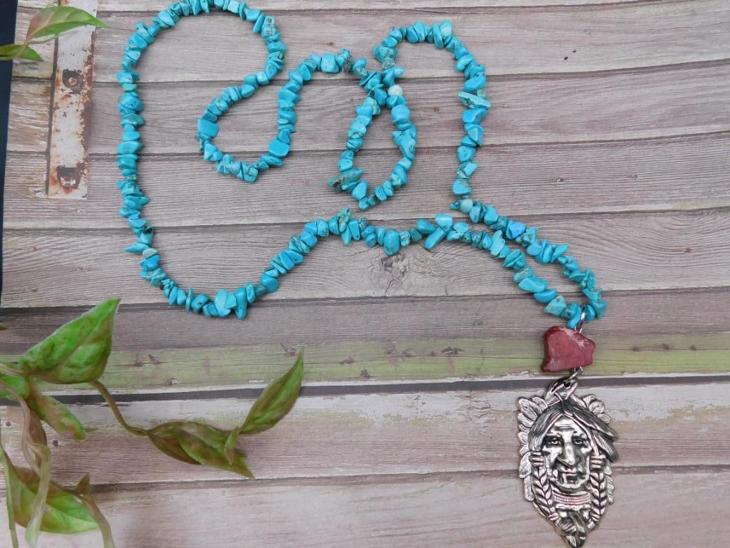 Turquoise Necklace with Silver Tone Pendant (1 of 2)