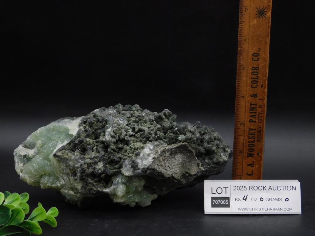 Phrenite Specimen Featuring Green Crystals and Black Matrix - 4