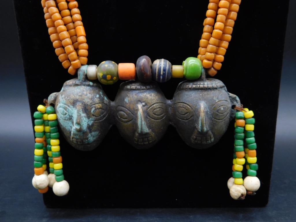 AFRICAN TRADE BEAD Beaded Necklace with Three-Face Pendant and Mixed Accents: AFRICAN TRADE BEAD Beaded Necklace with Three-Face Pendant and Mixed Accents