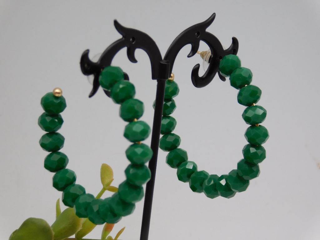 Faceted Green Beaded Hoop Earrings: Faceted Green Beaded Hoop Earrings