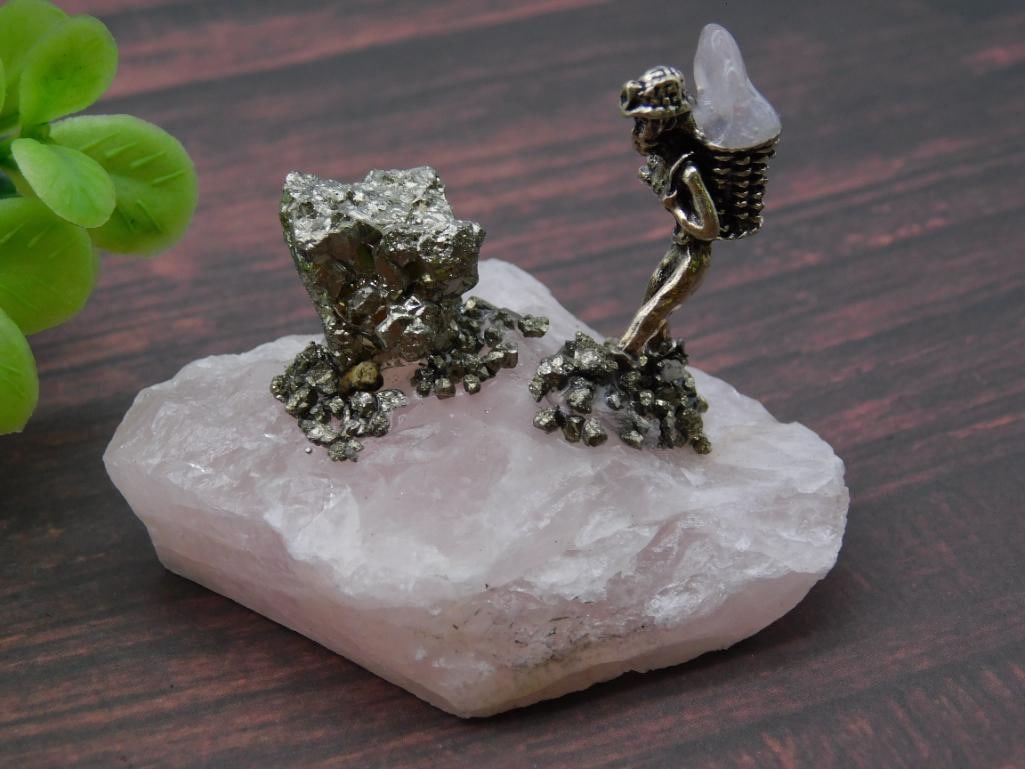 PYRITE MINER ON ROSE QUARTZ ROCK STONE LAPIDARY SPECIMEN (1 of 2)