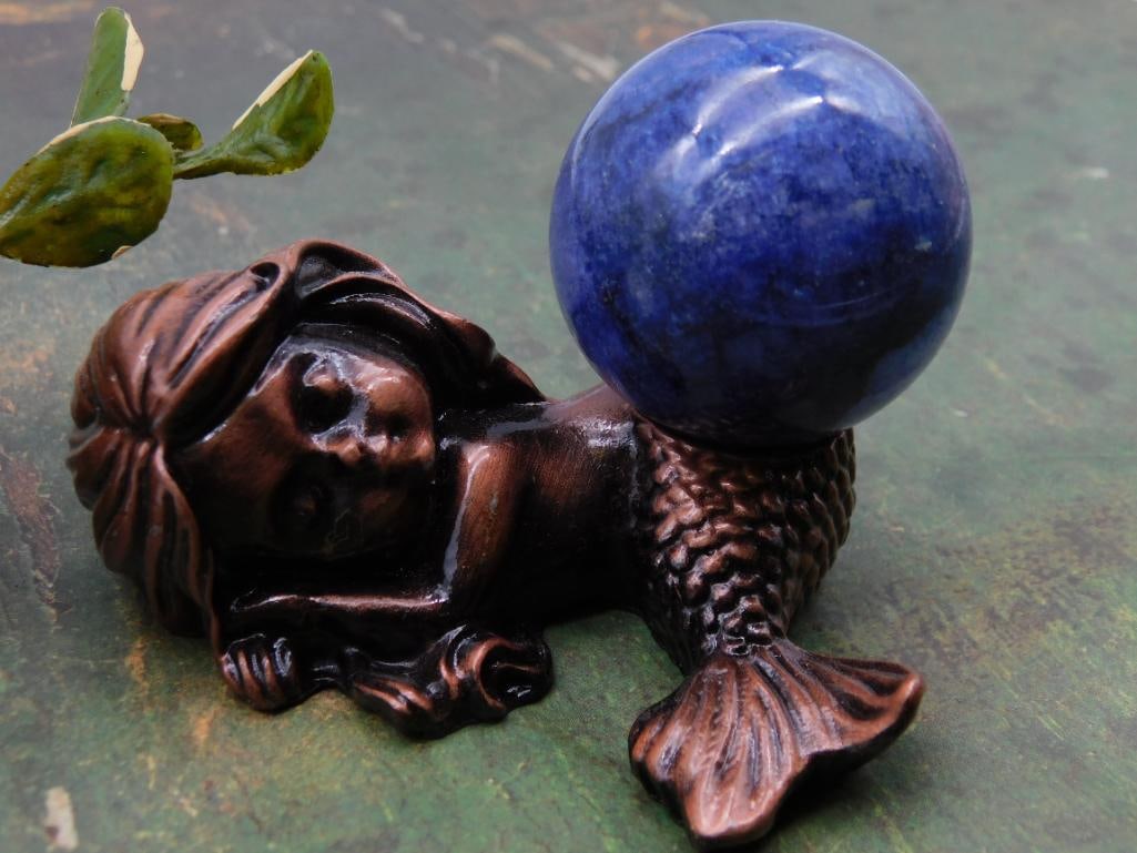 Bronze Mermaid Figurine With Blue Stone Sphere: Bronze Mermaid Figurine With Blue Stone Sphere