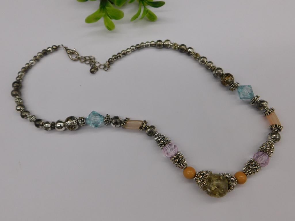 Multicolor Beaded Necklace with Decorative Silver-Tone Spacers: Multicolor Beaded Necklace with Decorative Silver-Tone Spacers