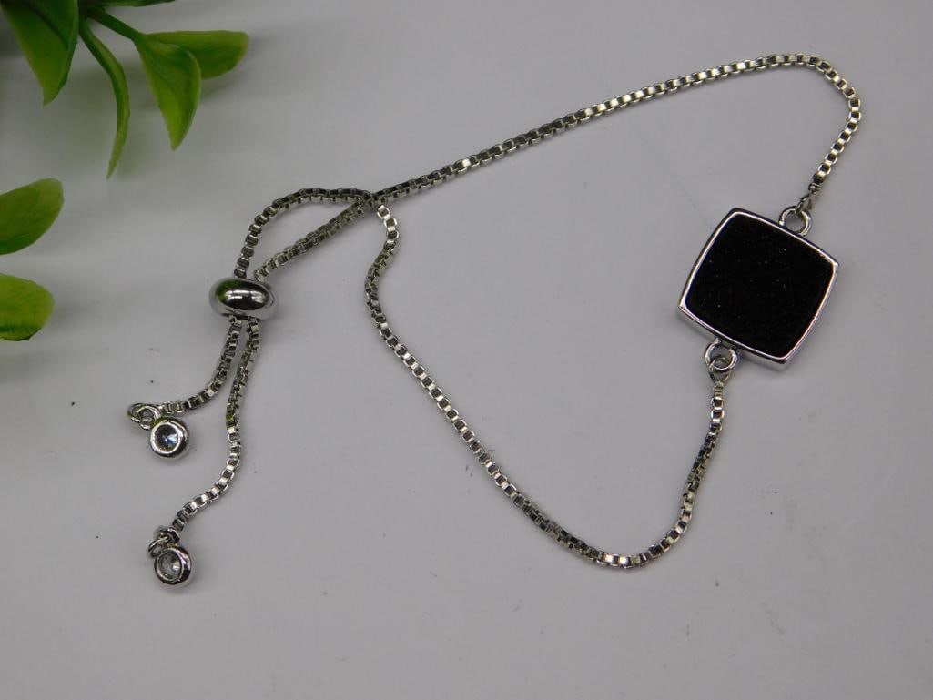 Silver-Tone Adjustable Bracelet with Black Square Pendant: Silver-Tone Adjustable Bracelet with Black Square Pendant