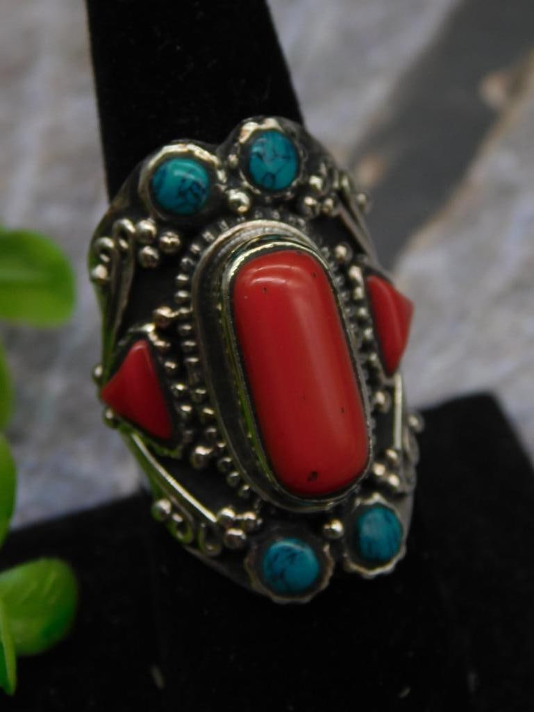 RED CORAL AND TURQUOISE STATEMENT RING SIZE 7.5 ROCK STONE LAPIDARY SPECIMEN (1 of 2)