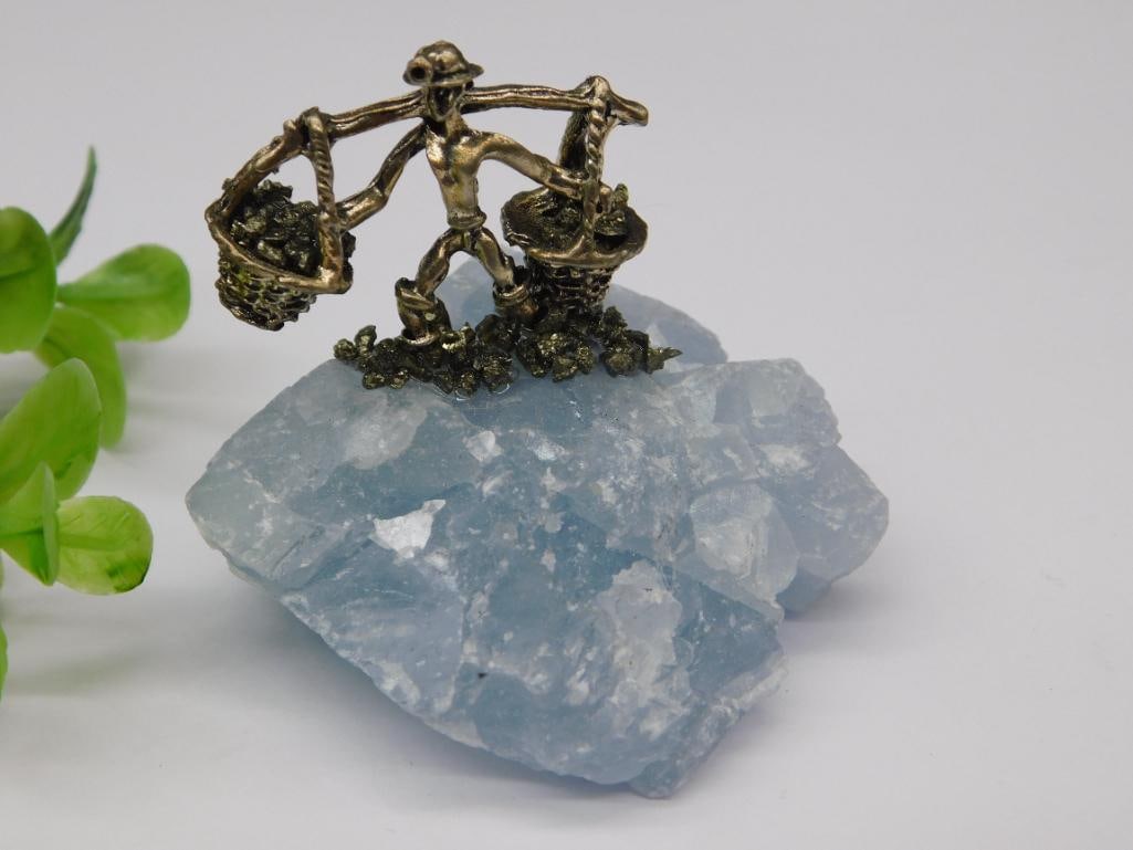 PYRITE MINER ON CELESTITE ROCK STONE LAPIDARY SPECIMEN: PYRITE MINER ON CELESTITE ROCK STONE LAPIDARY SPECIMEN