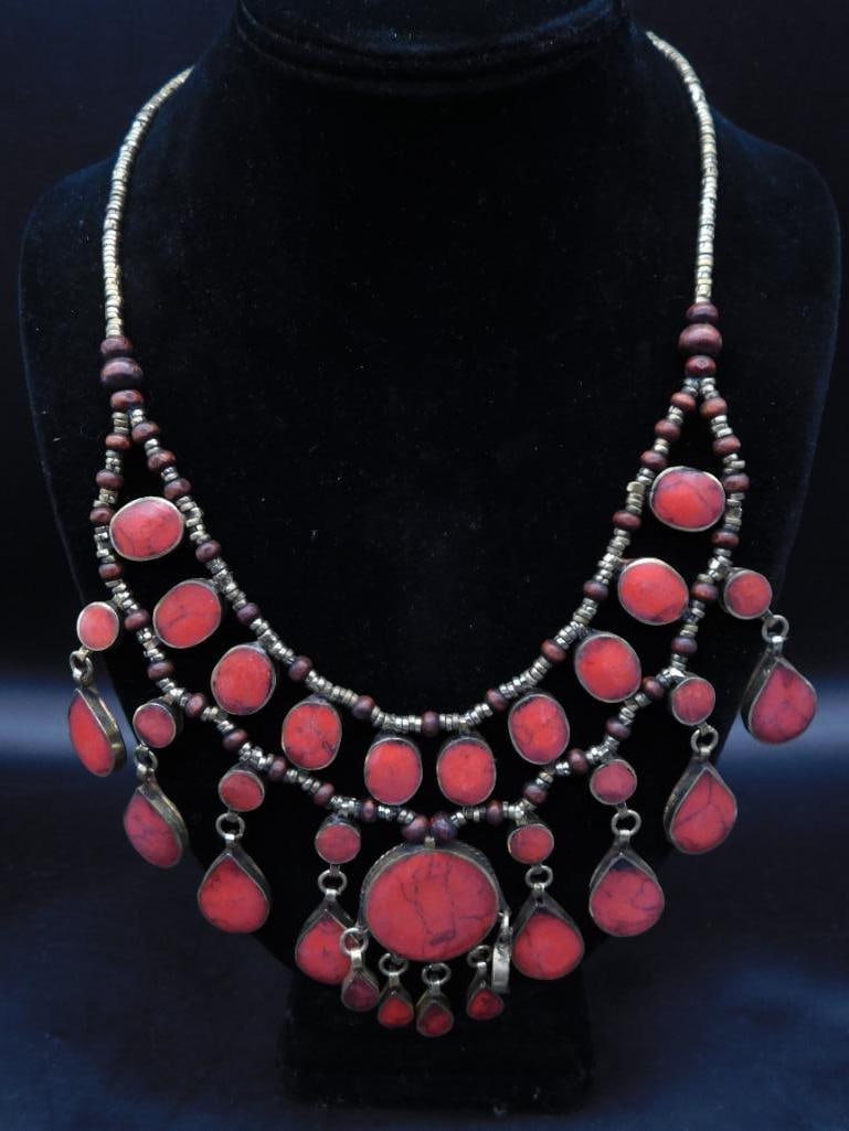 RED JASPER BIB STYLE NECKLACE ROCK STONE LAPIDARY SPECIMEN: RED JASPER BIB STYLE NECKLACE ROCK STONE LAPIDARY SPECIMEN — Part of our Discover Vintage Vault, Crystals and Gems auction at HATMAN'S Auctions! Please see photos for measurements and condition.