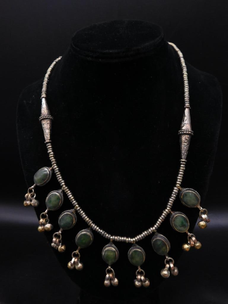 JADE NECKLACE WITH BELLS ROCK STONE LAPIDARY SPECIMEN: JADE NECKLACE WITH BELLS ROCK STONE LAPIDARY SPECIMEN — Part of our Discover Vintage Vault, Crystals and Gems auction at HATMAN'S Auctions! Please see photos for measurements and condition. YES, we 