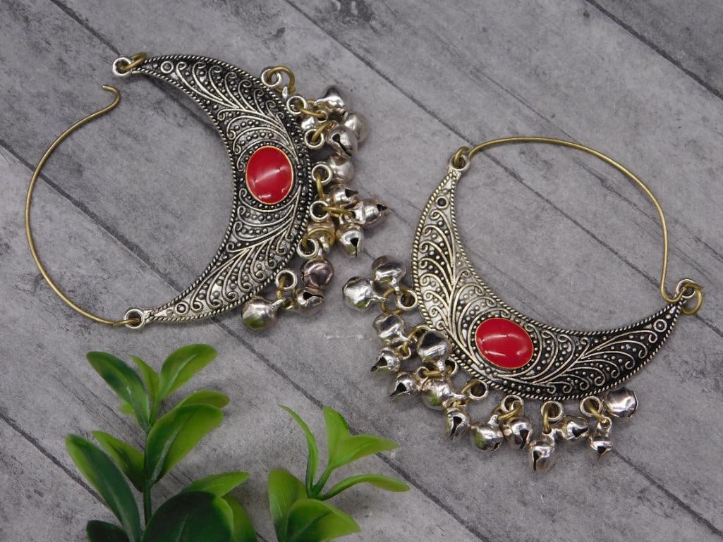 RED JASPER HOOP EARRINGS WITH BELLS ROCK STONE LAPIDARY SPECIMEN (1 of 2)