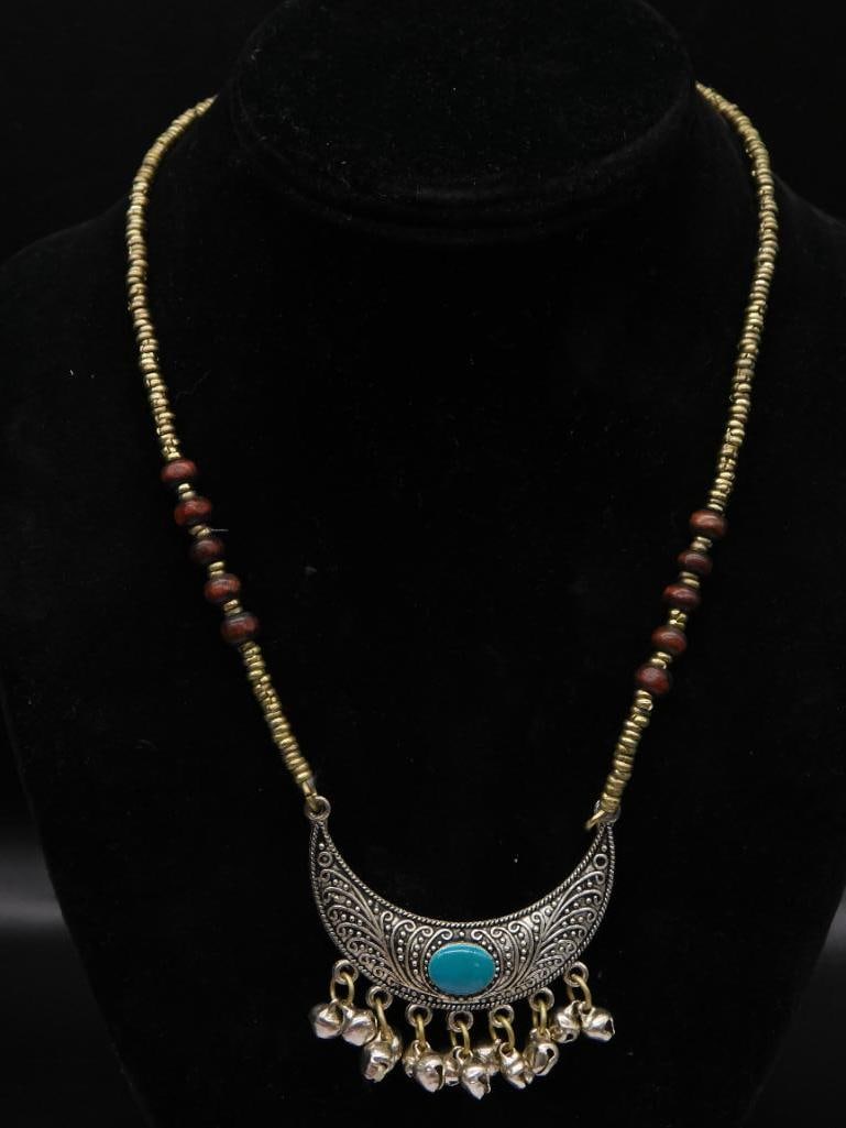TURQUOISE CRESCENT MOON NECKLACE WITH BELLS ROCK STONE LAPIDARY SPECIMEN: TURQUOISE CRESCENT MOON NECKLACE WITH BELLS ROCK STONE LAPIDARY SPECIMEN — Part of our Discover Vintage Vault, Crystals and Gems auction at HATMAN'S Auctions! Please see photos for measurements and 