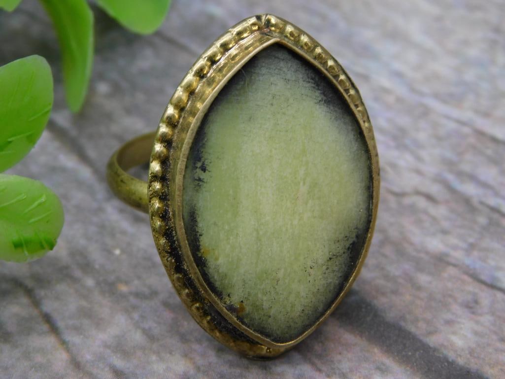 PREHNITE RING SIZE 8.5 ROCK STONE LAPIDARY SPECIMEN: PREHNITE RING SIZE 8.5 ROCK STONE LAPIDARY SPECIMEN — Part of our Discover Vintage Vault, Crystals and Gems auction at HATMAN'S Auctions! Please see photos for measurements and condition. YES, we
