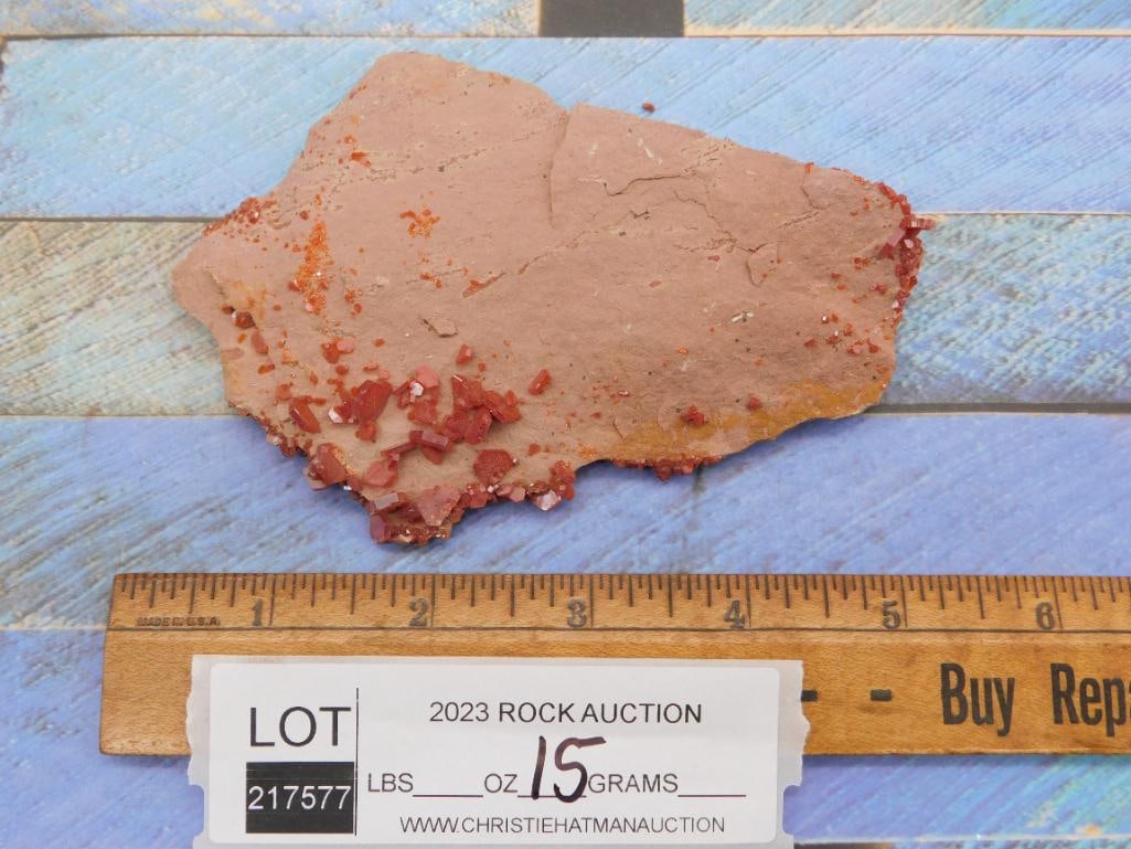 VANADINITE ROCK STONE LAPIDARY SPECIMEN: VANADINITE ROCK STONE LAPIDARY SPECIMEN — Part of our Discover Sunken Cove, Crystals and Gems auction at HATMAN'S Auctions! Please see photos for measurements and condition. YES, we have in-house sh